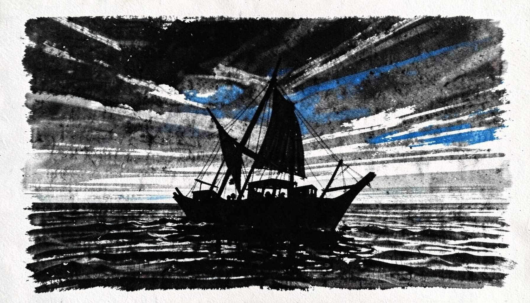 Gambar arang siluet perahu tradisional di laut dengan langit bergaris-garis dramatis, bernuansa petualangan