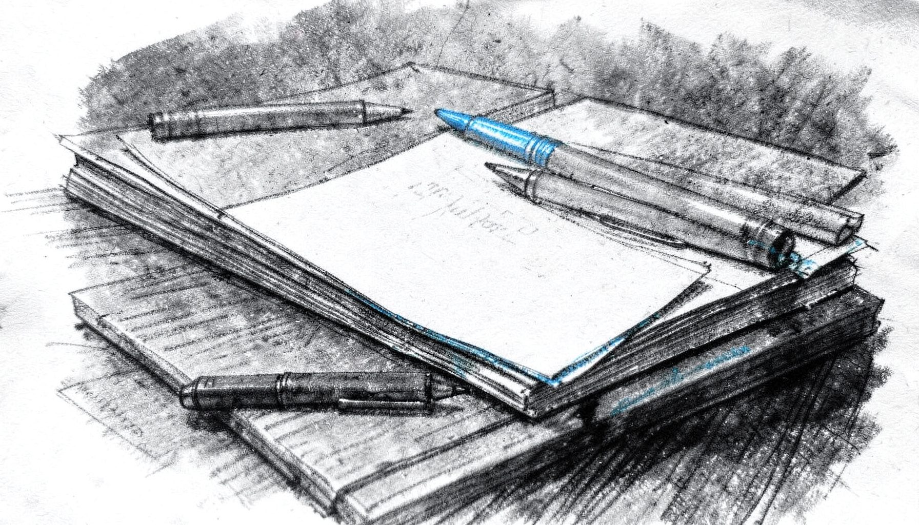 Gambar arsip bergaya sketsa arang dengan nuansa abu-abu gelap dan putih, menampilkan tumpukan kertas dan pena yang tersusun rapi di atas meja kayu, suasana tenang dan kontemplatif.