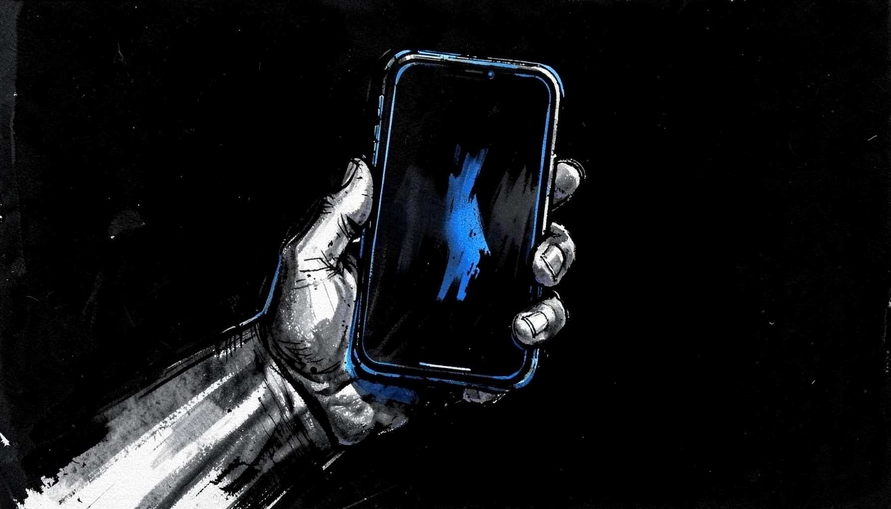 Ilustrasi arang tebal tangan memegang ponsel dengan layar menyala, latar gelap kontras, kesan modern dan misterius