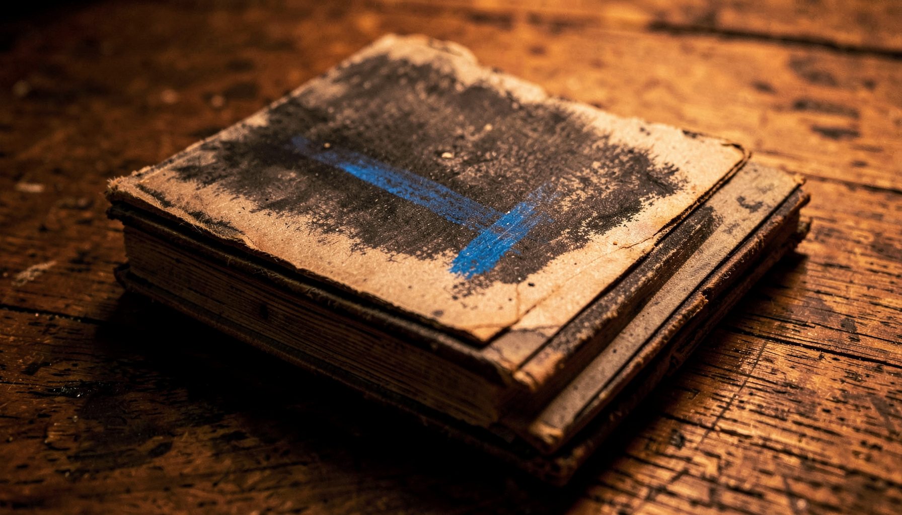 Gambar arang tebal tumpukan buku tua di atas meja kayu, pencahayaan redup hangat, nuansa nostalgia