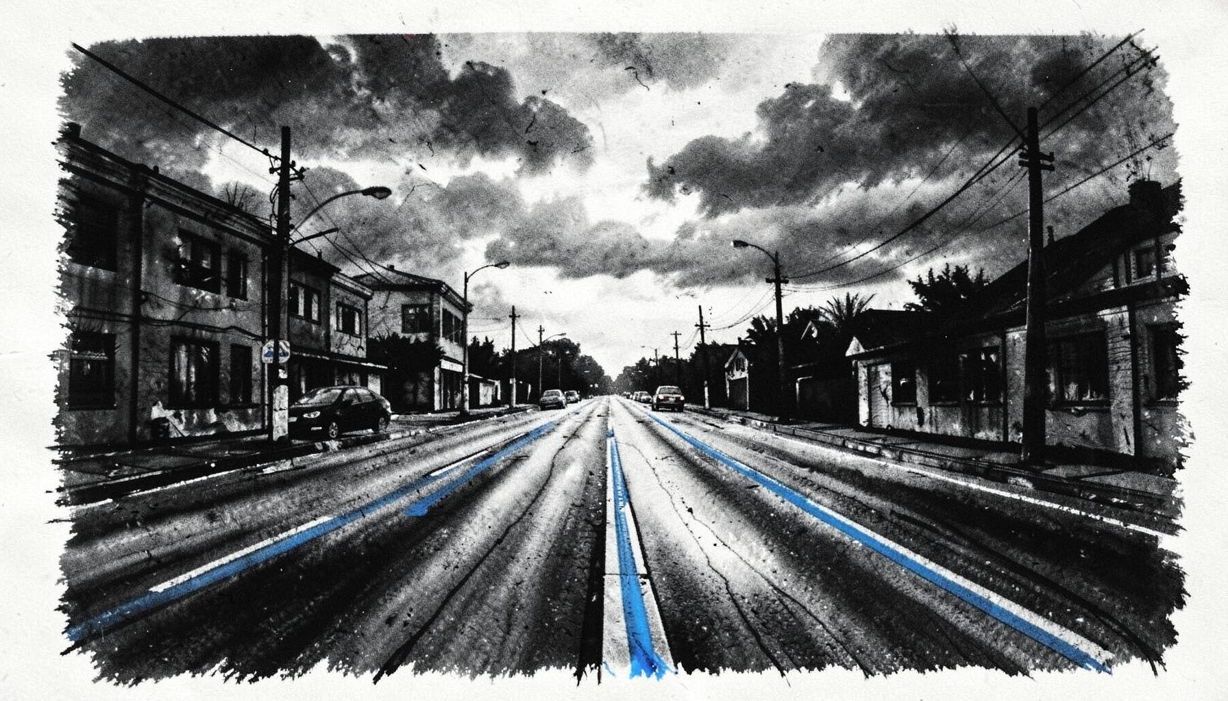Ilustrasi arang tebal persimpangan jalan dengan dua arah, langit mendung, nuansa kontemplatif