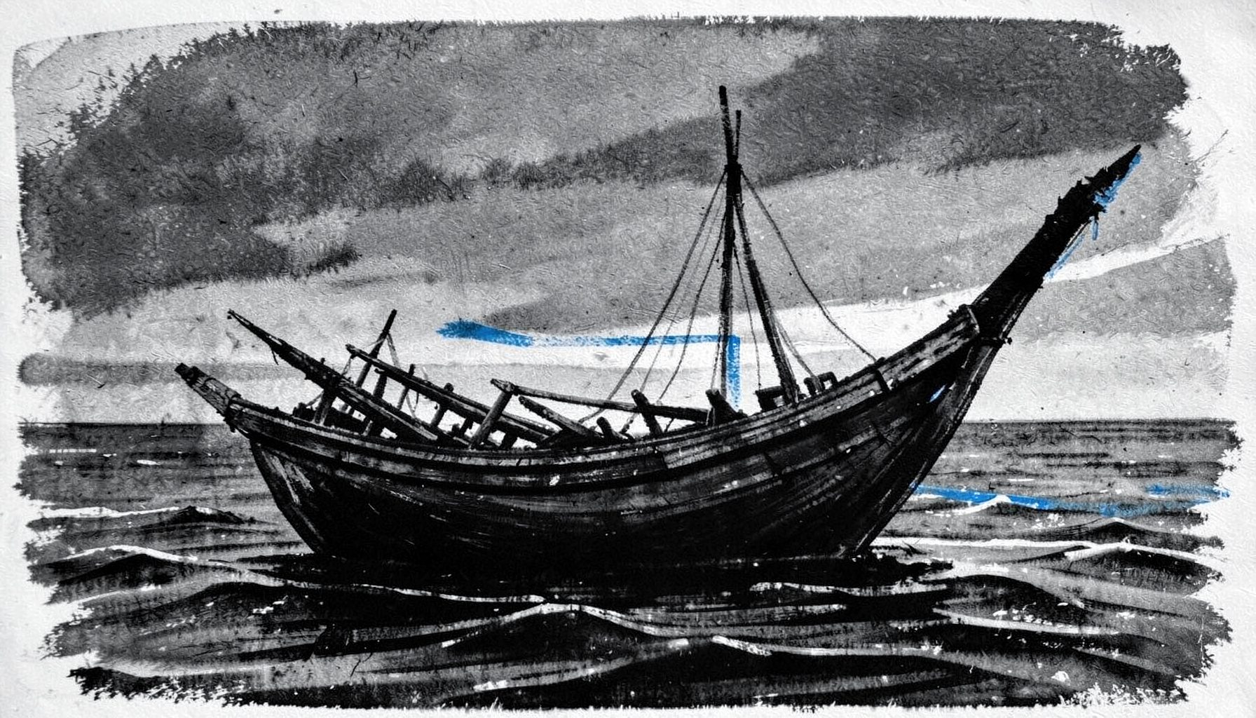 Gambar arang tebal perahu tradisional di laut lepas dengan langit senja kelabu, suasana tenang dan misterius
