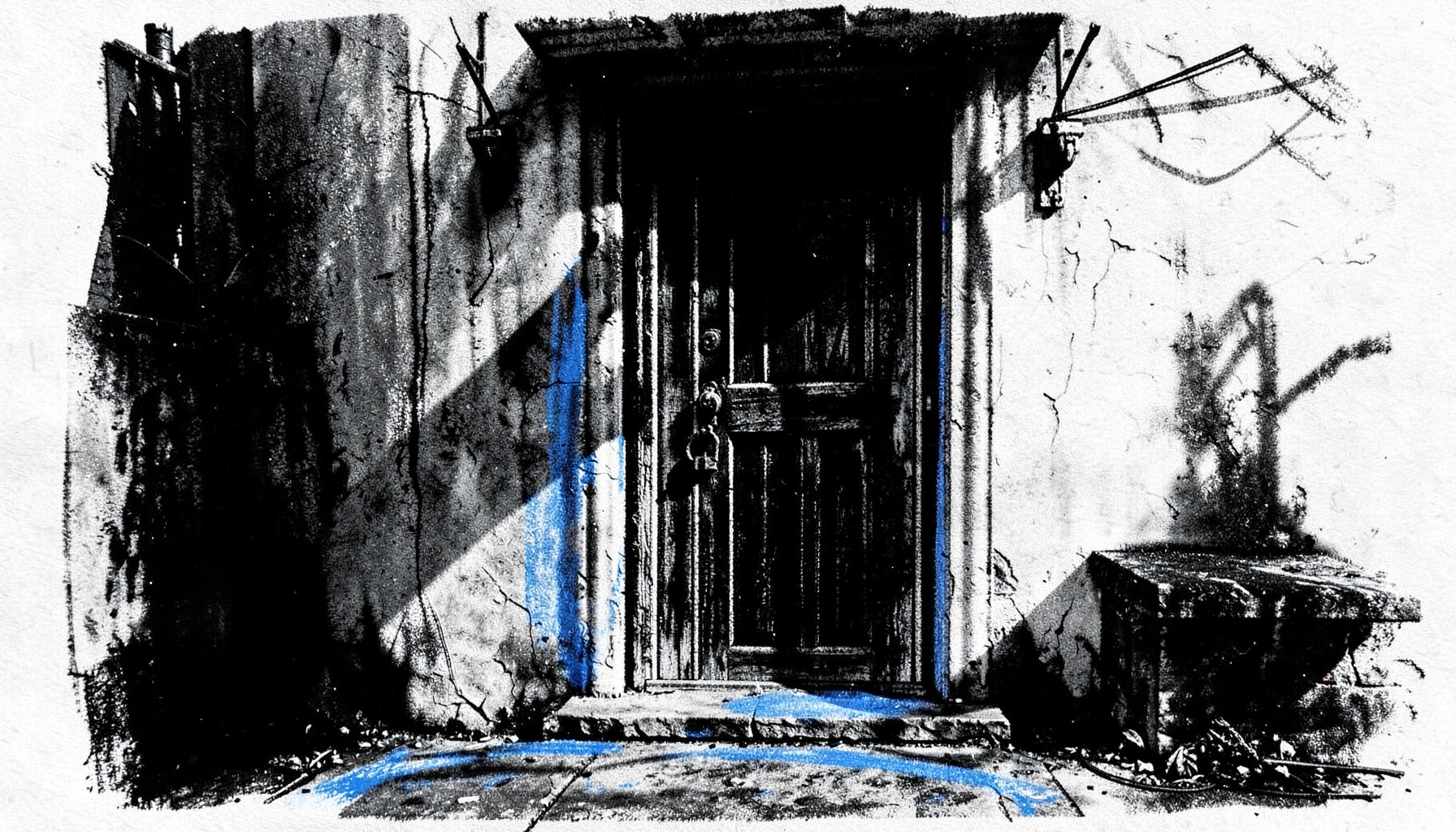 Gambar arang tebal pintu rumah dengan gembok dan bayangan panjang, kontras cahaya dramatis
