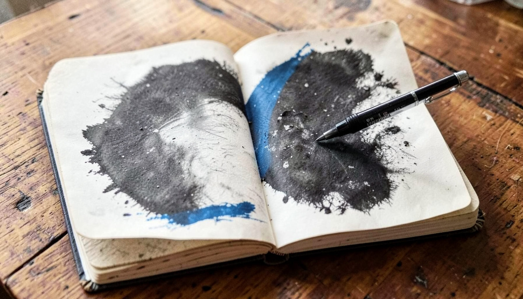 Gambar arang tebal buku catatan terbuka dengan pena di atas meja kayu, pencahayaan alami lembut