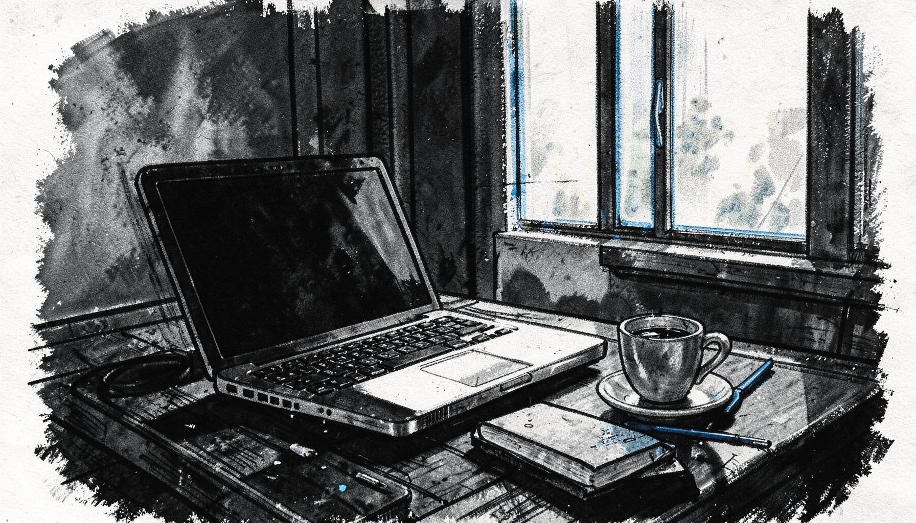Gambar arang tebal meja kerja dengan laptop dan cangkir kopi, jendela dengan cahaya pagi, suasana produktif