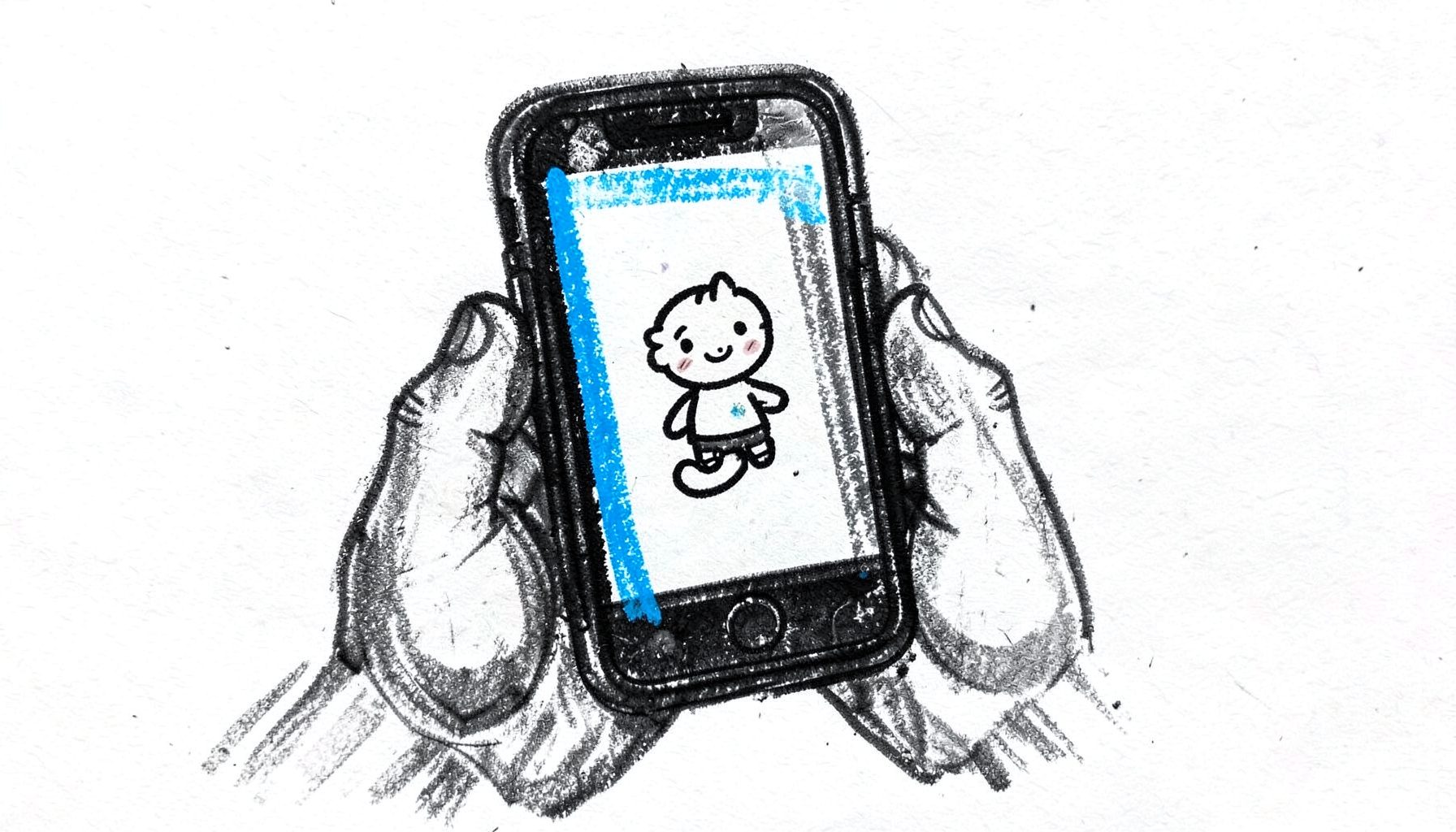 Sketsa arang tangan memegang ponsel dengan layar menampilkan karakter kartun sederhana, suasana playful