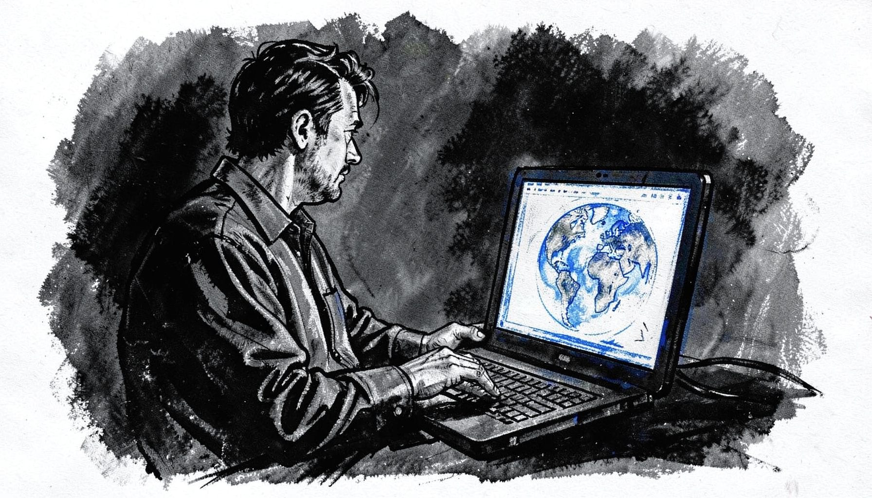 Ilustrasi sketsa arang seorang pria duduk di depan laptop dengan layar menampilkan ikon globe, nuansa gelap dan kontemplatif