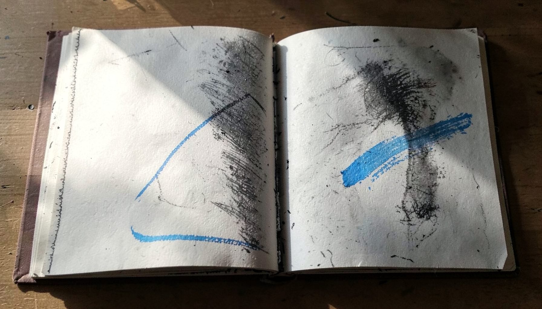Sketsa arang halaman buku terbuka dengan coretan tangan, cahaya matahari masuk dari samping