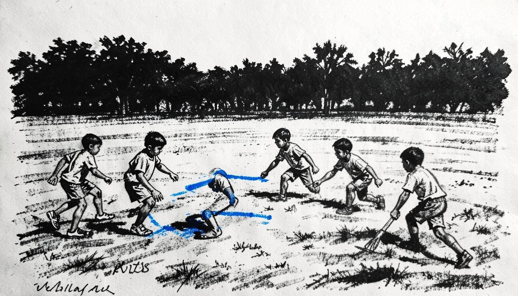 Sketsa arang anak-anak bermain di lapangan terbuka, siluet pepohonan di kejauhan