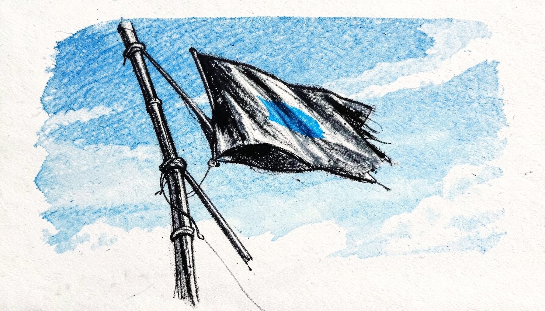 Sketsa arang bendera kecil berkibar di tiang bambu, latar belakang langit cerah dengan awan tipis