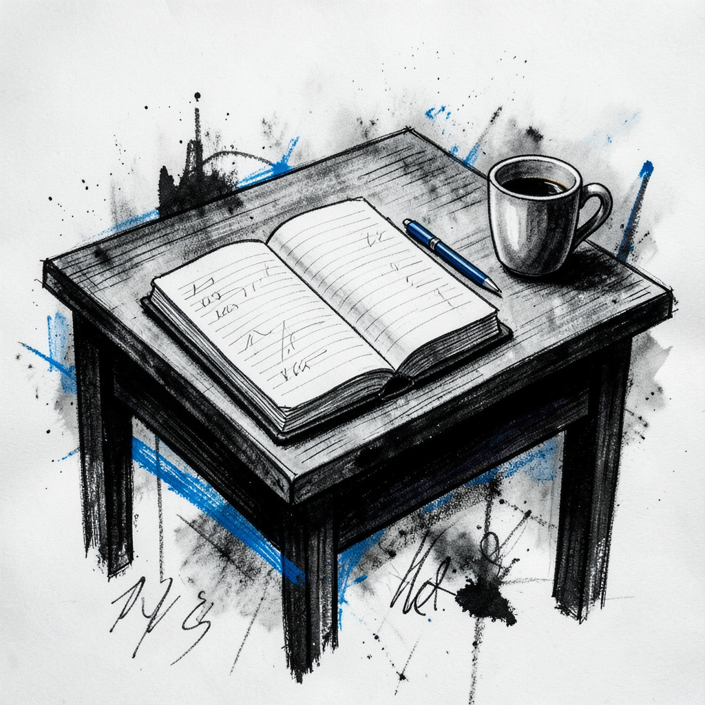 Ilustrasi arang hitam-putih sebuah meja tulis sederhana dengan buku catatan terbuka, pena, dan cangkir kopi, dikelilingi coretan-coretan longgar bernuansa kontemplatif